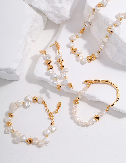 18K Gold Plated Sterling Silver Baroque Style Pearl Bracelet Earrings & Neckalce Set