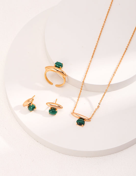 18K Gold Plated Sterling Silver Malachite Ring Earrings Necklace Set