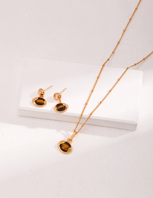 18K Gold Plated Sterling Silver Natural Tiger Eye Stone Earrings Necklace Set