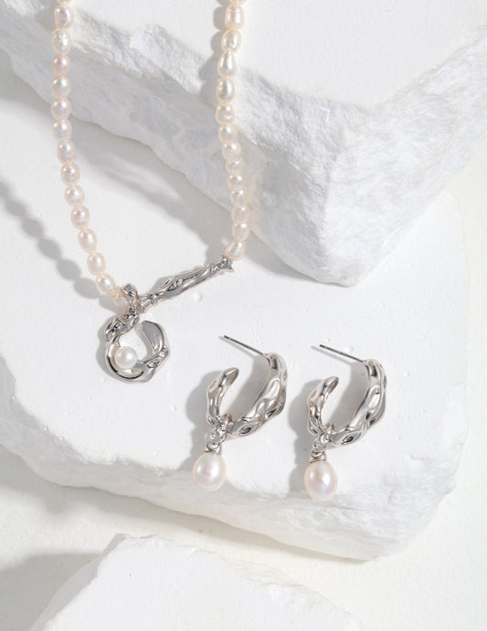 Sterling Silver Natural Pearls Necklace & Earrings Set