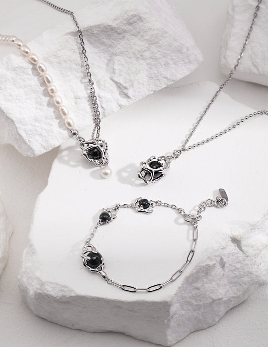 Sterling Silver Pearl Agate Necklace Bracelet Set