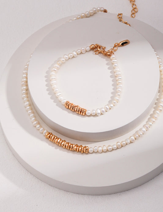 18K Gold Plated Sterling Silver Pearl Bracelet Necklace Set