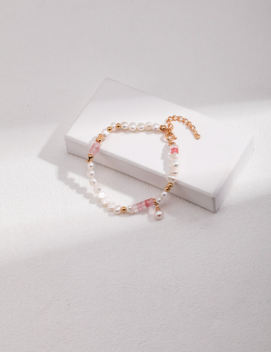 18K Gold-Plated Sterling Silver Pearl Ruby Bracelet Necklace Set