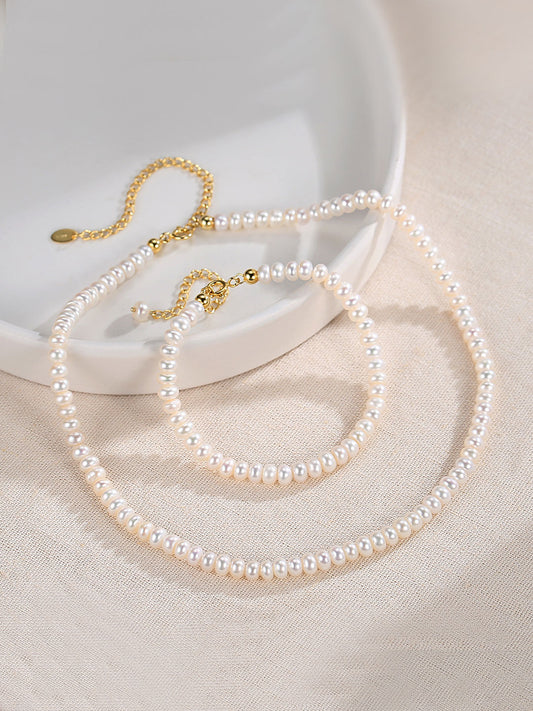 14K Gold Plated Sterling Silver Pearl Necklace Bracelet Set