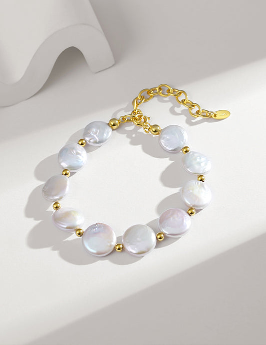 Sterling Silver Baroque Style Button Pearl Bracelet