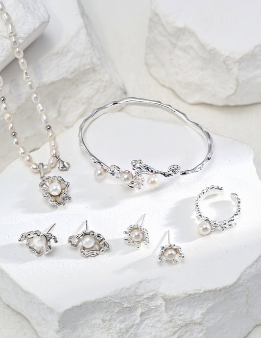 Sterling Silver Pearl Earrings, Necklace, Ring & Bracelet Set