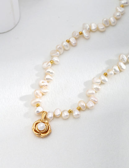 18K Gold Plated Sterling Silver Camellia Pearl Necklace