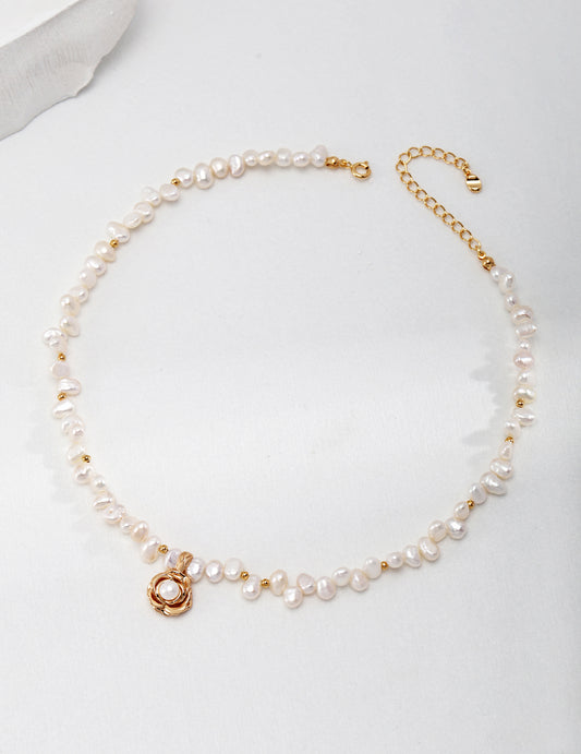 18K Gold Plated Sterling Silver Camellia Pearl Necklace
