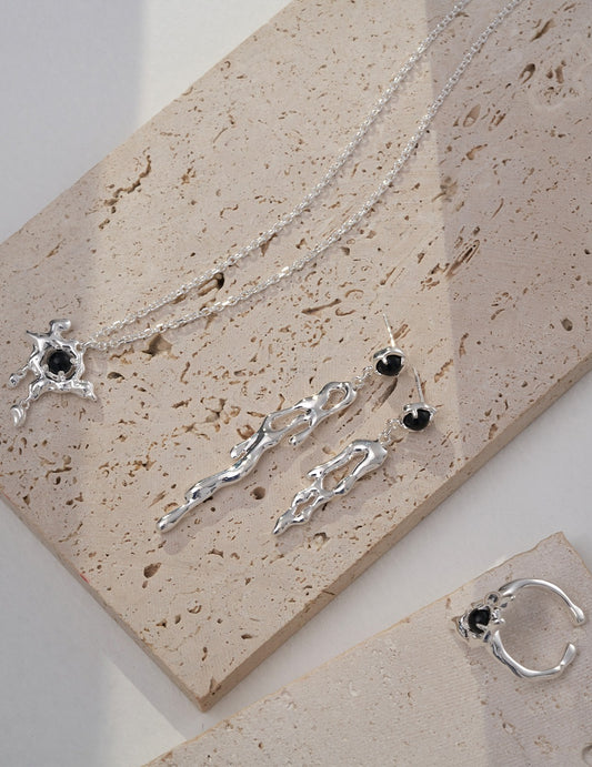 Sterling Silver AB Asymmetrical Earrings, Ring and Necklace Set