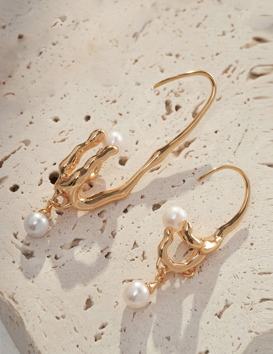 18K Gold Plated Sterling Silver Asymmetrical Pearl Earrings