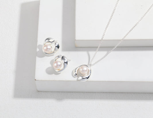 Sterling Silver Pearl Earrings & Necklace Set